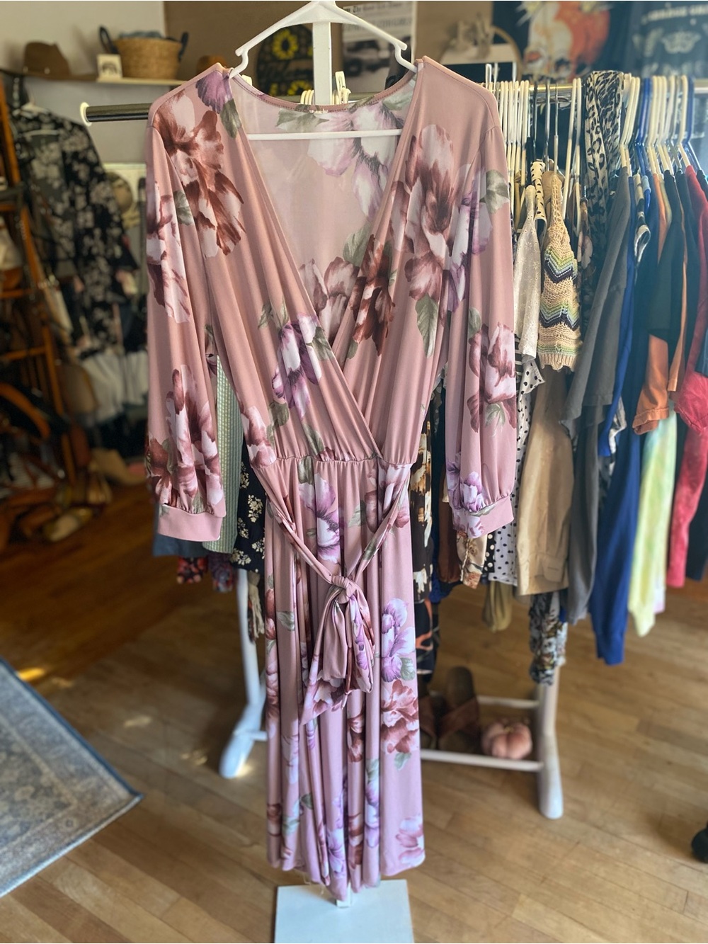 Floral Wrap Midi Wrap Dress in floral Dusty Rose with crossover v-neck